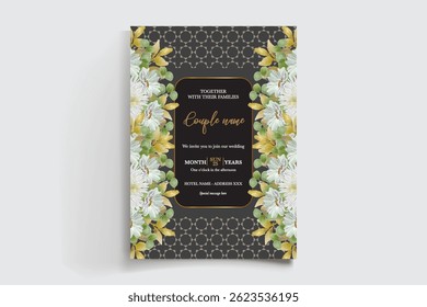 WEDDING INVITATION FRAME WITH FLOWER DECORATIONS AND FRESH LEAVES