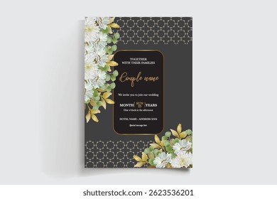 WEDDING INVITATION FRAME WITH FLOWER DECORATIONS AND FRESH LEAVES
