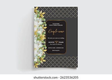 WEDDING INVITATION FRAME WITH FLOWER DECORATIONS AND FRESH LEAVES