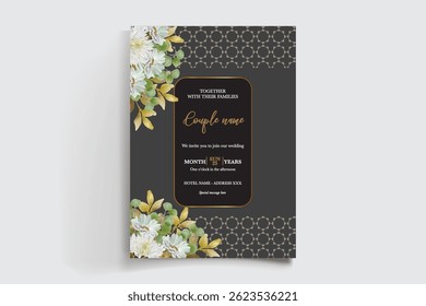 WEDDING INVITATION FRAME WITH FLOWER DECORATIONS AND FRESH LEAVES