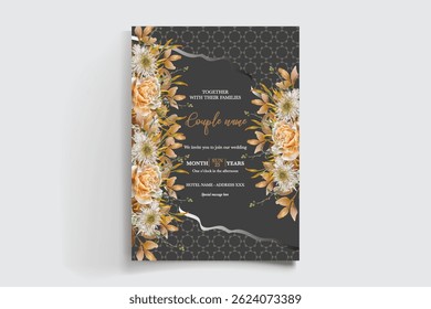 HOCHZEITSEINLADUNGSRAHMEN MIT BLUMENDEKORATIONEN UND FRISCHEN BLÄTTERN