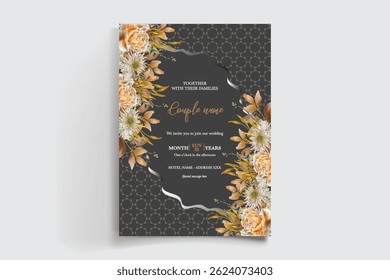 WEDDING INVITATION FRAME WITH FLOWER DECORATIONS AND FRESH LEAVES