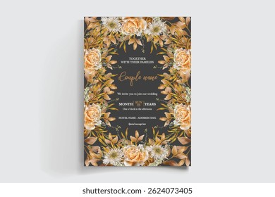 WEDDING INVITATION FRAME WITH FLOWER DECORATIONS AND FRESH LEAVES