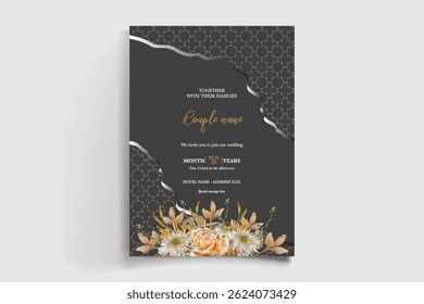 WEDDING INVITATION FRAME WITH FLOWER DECORATIONS AND FRESH LEAVES