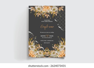 WEDDING INVITATION FRAME WITH FLOWER DECORATIONS AND FRESH LEAVES
