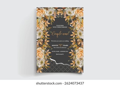 WEDDING INVITATION FRAME WITH FLOWER DECORATIONS AND FRESH LEAVES