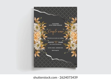 WEDDING INVITATION FRAME WITH FLOWER DECORATIONS AND FRESH LEAVES