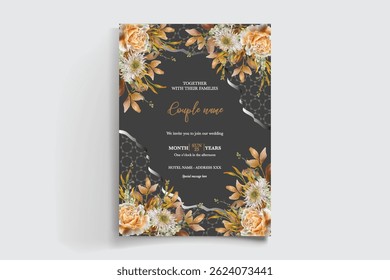 WEDDING INVITATION FRAME WITH FLOWER DECORATIONS AND FRESH LEAVES