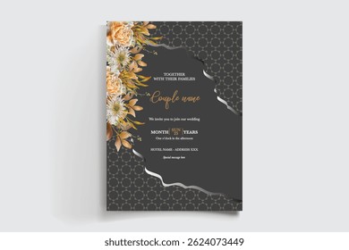 WEDDING INVITATION FRAME WITH FLOWER DECORATIONS AND FRESH LEAVES