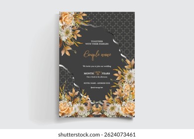 HOCHZEITSEINLADUNGSRAHMEN MIT BLUMENDEKORATIONEN UND FRISCHEN BLÄTTERN