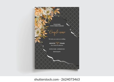 HOCHZEITSEINLADUNGSRAHMEN MIT BLUMENDEKORATIONEN UND FRISCHEN BLÄTTERN
