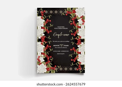 WEDDING INVITATION FRAME WITH FLOWER DECORATIONS AND FRESH LEAVES