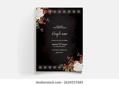 WEDDING INVITATION FRAME WITH FLOWER DECORATIONS AND FRESH LEAVES