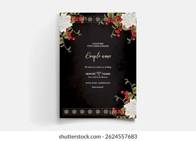 WEDDING INVITATION FRAME WITH FLOWER DECORATIONS AND FRESH LEAVES