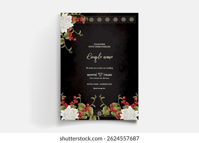 WEDDING INVITATION FRAME WITH FLOWER DECORATIONS AND FRESH LEAVES
