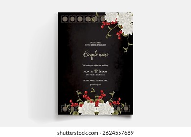 HOCHZEITSEINLADUNGSRAHMEN MIT BLUMENDEKORATIONEN UND FRISCHEN BLÄTTERN