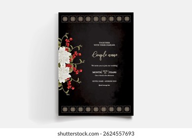 MARCO DE INVITACIÓN DE BODA CON DECORACIONES FLORALES Y HOJAS FRESCAS