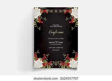 HOCHZEITSEINLADUNGSRAHMEN MIT BLUMENDEKORATIONEN UND FRISCHEN BLÄTTERN