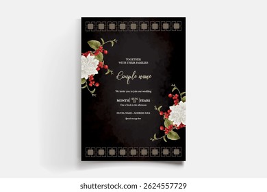 WEDDING INVITATION FRAME WITH FLOWER DECORATIONS AND FRESH LEAVES