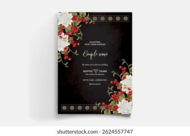 WEDDING INVITATION FRAME WITH FLOWER DECORATIONS AND FRESH LEAVES