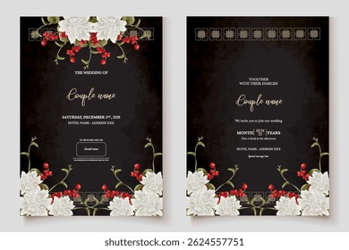 WEDDING INVITATION FRAME WITH FLOWER DECORATIONS AND FRESH LEAVES