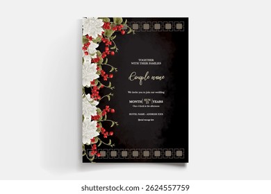 WEDDING INVITATION FRAME WITH FLOWER DECORATIONS AND FRESH LEAVES