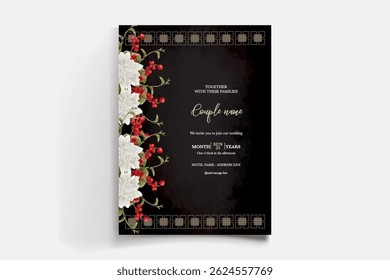 WEDDING INVITATION FRAME WITH FLOWER DECORATIONS AND FRESH LEAVES