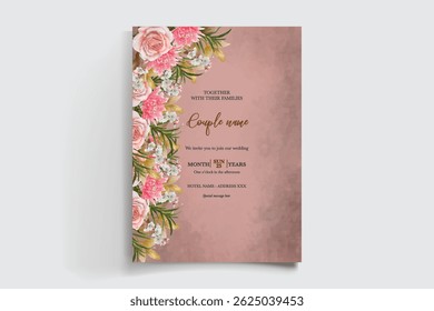 WEDDING INVITATION FRAME WITH FLOWER DECORATIONS AND FRESH LEAVES