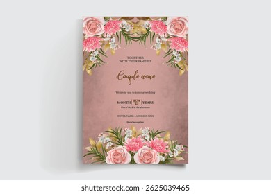 WEDDING INVITATION FRAME WITH FLOWER DECORATIONS AND FRESH LEAVES