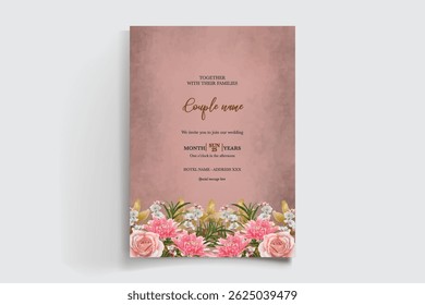 WEDDING INVITATION FRAME WITH FLOWER DECORATIONS AND FRESH LEAVES