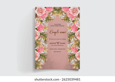 HOCHZEITSEINLADUNGSRAHMEN MIT BLUMENDEKORATIONEN UND FRISCHEN BLÄTTERN