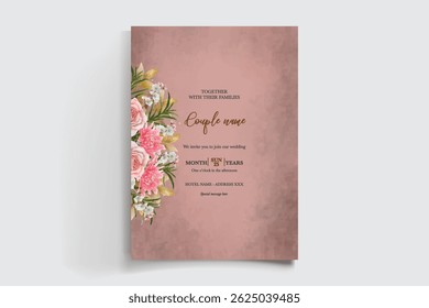 WEDDING INVITATION FRAME WITH FLOWER DECORATIONS AND FRESH LEAVES