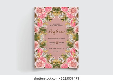 WEDDING INVITATION FRAME WITH FLOWER DECORATIONS AND FRESH LEAVES