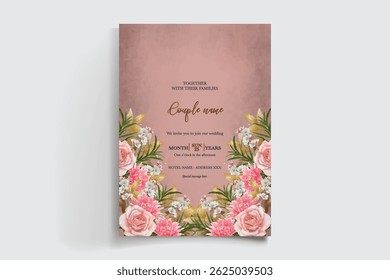 HOCHZEITSEINLADUNGSRAHMEN MIT BLUMENDEKORATIONEN UND FRISCHEN BLÄTTERN