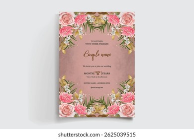 WEDDING INVITATION FRAME WITH FLOWER DECORATIONS AND FRESH LEAVES