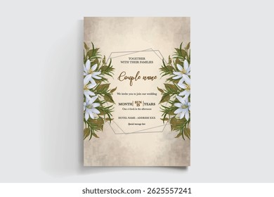 QUADRO DE CONVITE DE CASAMENTO COM DECORAÇÕES DE FLORES E FOLHAS FRESCAS