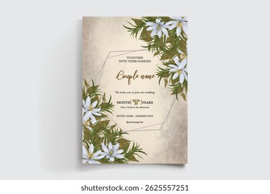 QUADRO DE CONVITE DE CASAMENTO COM DECORAÇÕES DE FLORES E FOLHAS FRESCAS