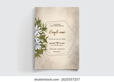 HOCHZEITSEINLADUNGSRAHMEN MIT BLUMENDEKORATIONEN UND FRISCHEN BLÄTTERN