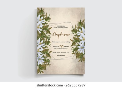 QUADRO DE CONVITE DE CASAMENTO COM DECORAÇÕES DE FLORES E FOLHAS FRESCAS