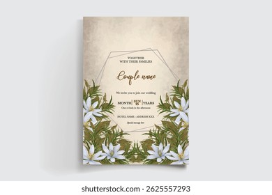 HOCHZEITSEINLADUNGSRAHMEN MIT BLUMENDEKORATIONEN UND FRISCHEN BLÄTTERN
