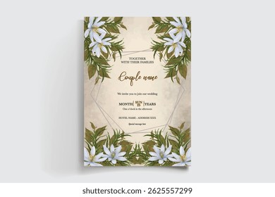 WEDDING INVITATION FRAME WITH FLOWER DECORATIONS AND FRESH LEAVES