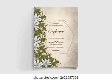WEDDING INVITATION FRAME WITH FLOWER DECORATIONS AND FRESH LEAVES