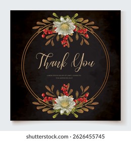 WEDDING INVITATION FRAME WITH FLOWER DECORATIONS AND FRESH LEAVES