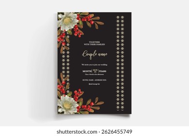WEDDING INVITATION FRAME WITH FLOWER DECORATIONS AND FRESH LEAVES