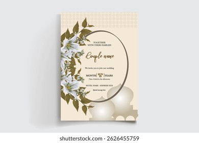 WEDDING INVITATION FRAME WITH FLOWER DECORATIONS AND FRESH LEAVES