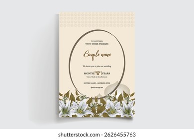 WEDDING INVITATION FRAME WITH FLOWER DECORATIONS AND FRESH LEAVES