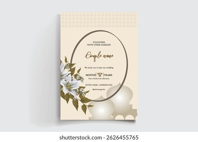 WEDDING INVITATION FRAME WITH FLOWER DECORATIONS AND FRESH LEAVES