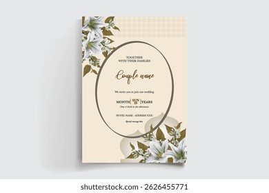 WEDDING INVITATION FRAME WITH FLOWER DECORATIONS AND FRESH LEAVES