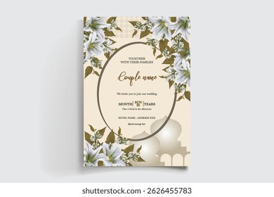 QUADRO DE CONVITE DE CASAMENTO COM DECORAÇÕES DE FLORES E FOLHAS FRESCAS