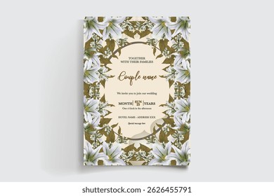WEDDING INVITATION FRAME WITH FLOWER DECORATIONS AND FRESH LEAVES